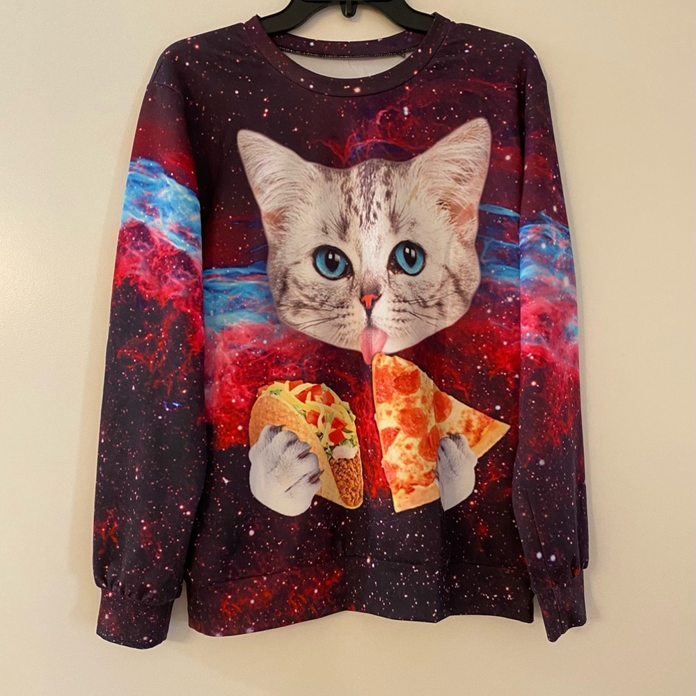 Cat Eating Taco & Pizza in Outer Space Top L - XL